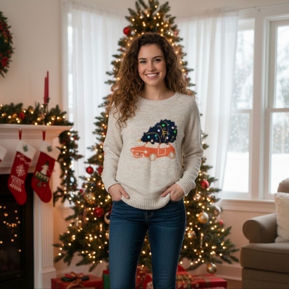 Women's Lauren Conrad Beige Multi Christmas Car Crew Neck Sweater L